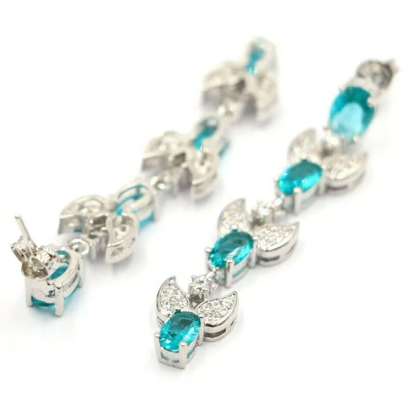 Rich Blue Simulated Aquamarine Long Bridal Luxury Earrings