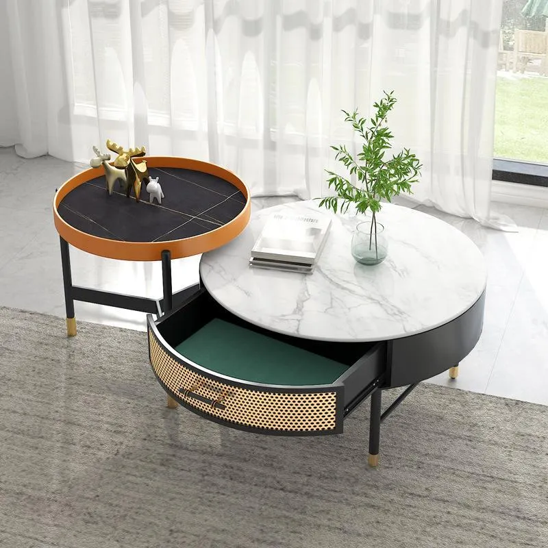 Round Marble Slate Side Tables End Tables with Metal Frame