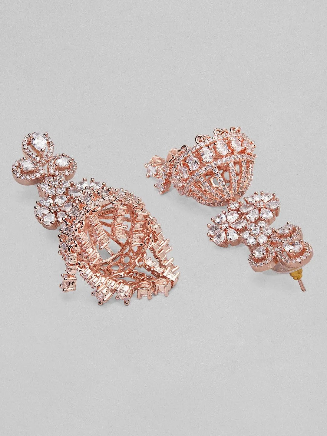 Rubans rose gold plated jhumka earrings with studded american stones.