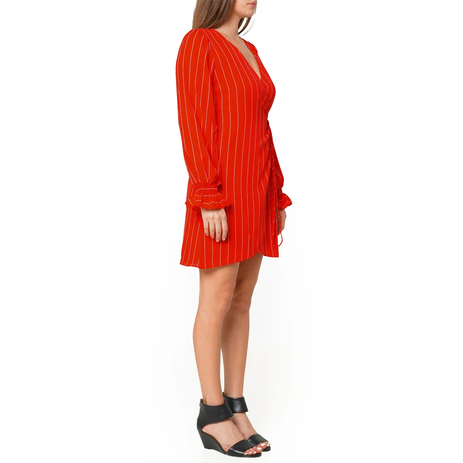 Smocked Bell Sleeve Wrap Dress in Red