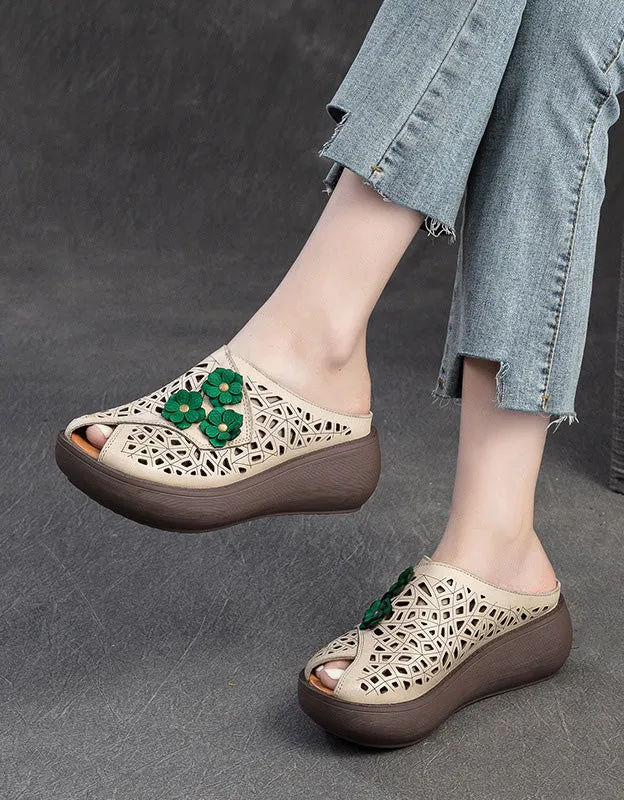 Summer Fish Toe Hollow Leather Retro Wedge Slippers