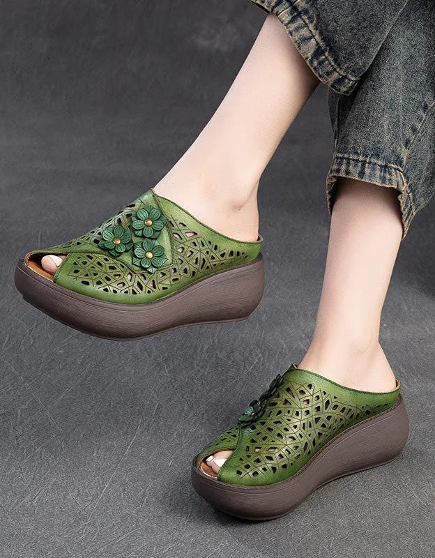 Summer Fish Toe Hollow Leather Retro Wedge Slippers