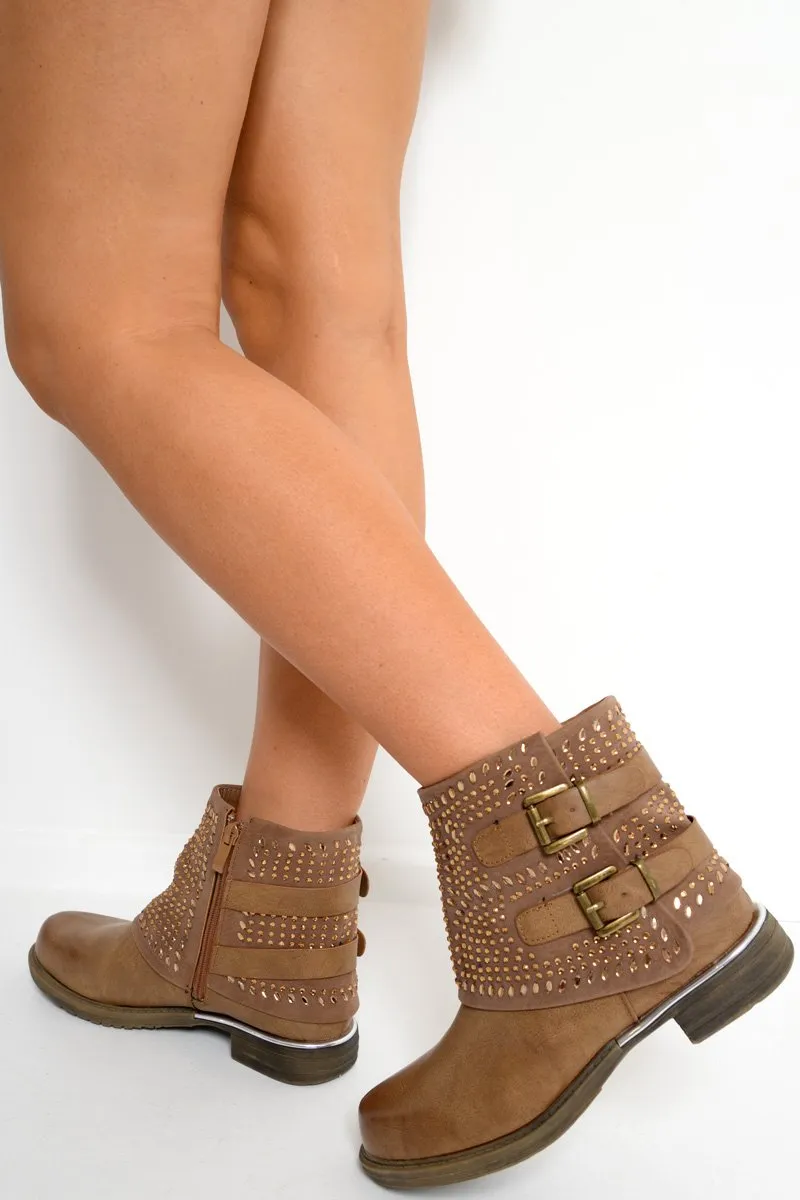 Tan Embellished Buckle Detail Boots - Kayson