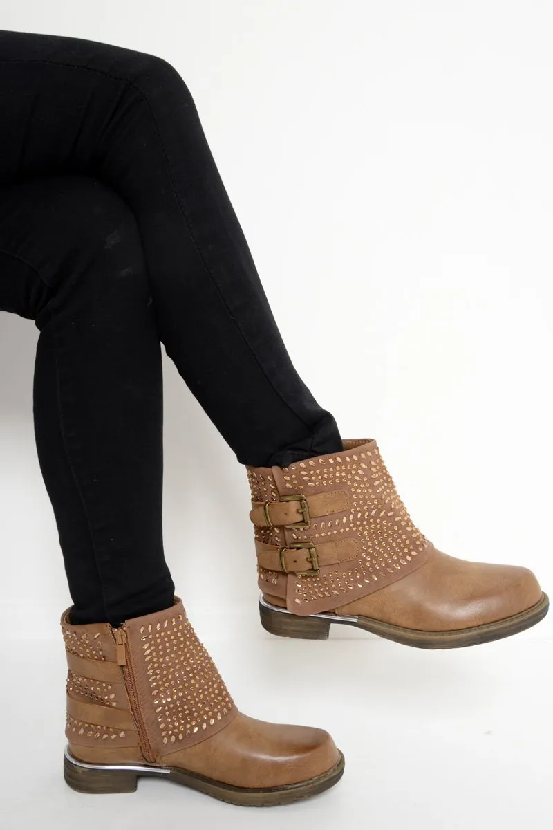 Tan Embellished Buckle Detail Boots - Kayson