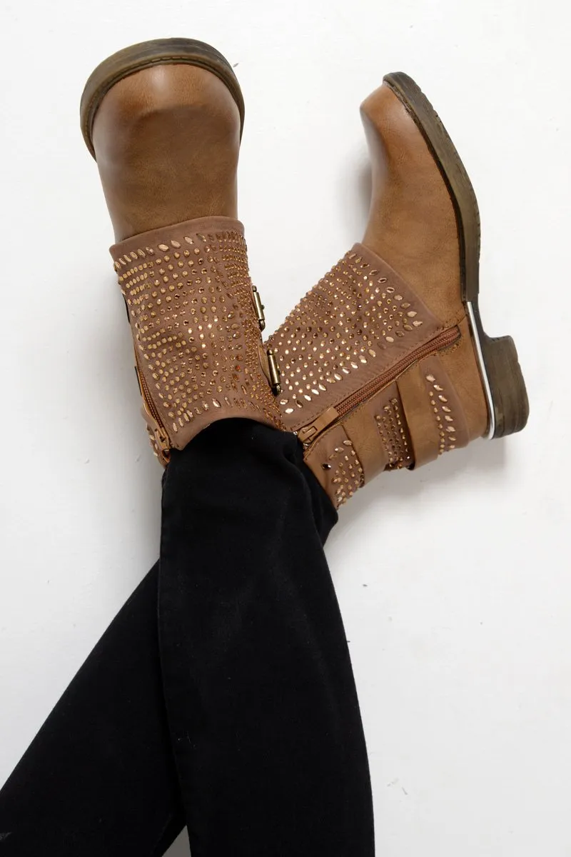 Tan Embellished Buckle Detail Boots - Kayson