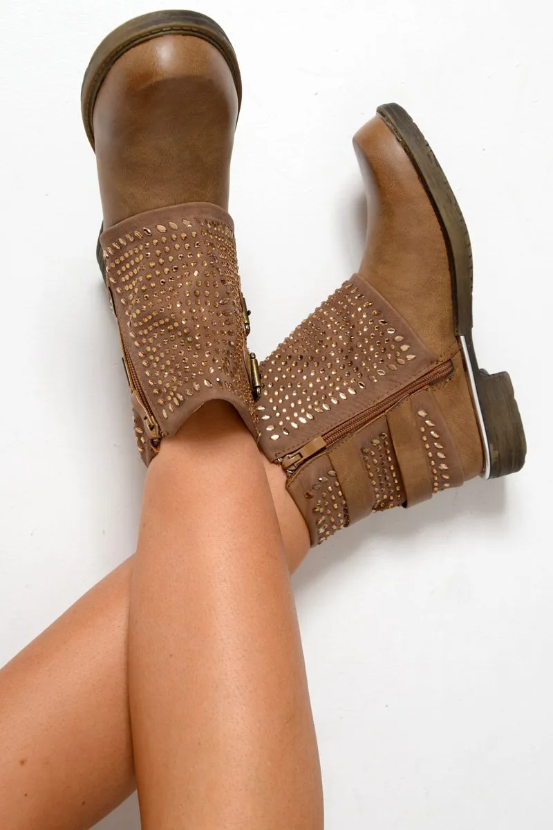 Tan Embellished Buckle Detail Boots - Kayson