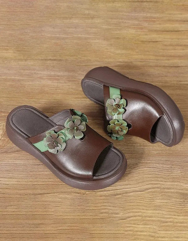 Women's Handmade Flower Retro Wedge Slides 35-44