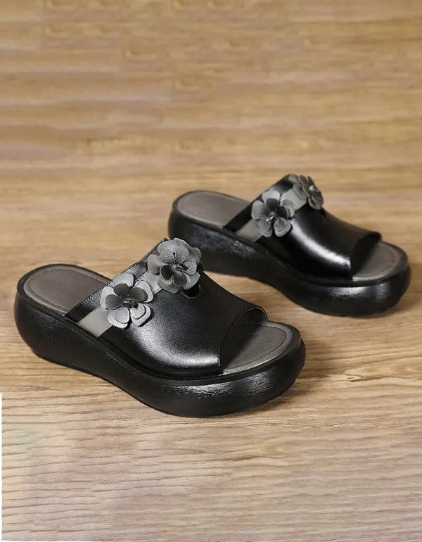 Women's Handmade Flower Retro Wedge Slides 35-44