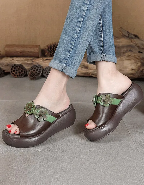 Women's Handmade Flower Retro Wedge Slides 35-44